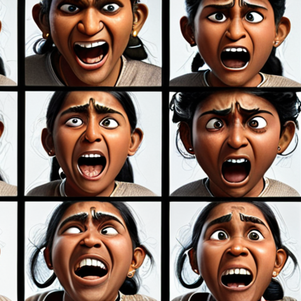 **

A character design showcasing a range of emotions (happiness, sadness, anger, fear) clearly expressed on their face. The character's design should reflect cultural nuances specific to Indian culture. Use AI tools to refine the emotion expressions, ensuring authenticity. Focus on conveying the importance of emotions in character design.

**