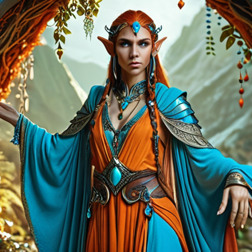 ** Fantasy elf character, inspired by nature, with flowing robes and intricate jewelry. Use a complementary color palette with blues and oranges for a striking effect.

**