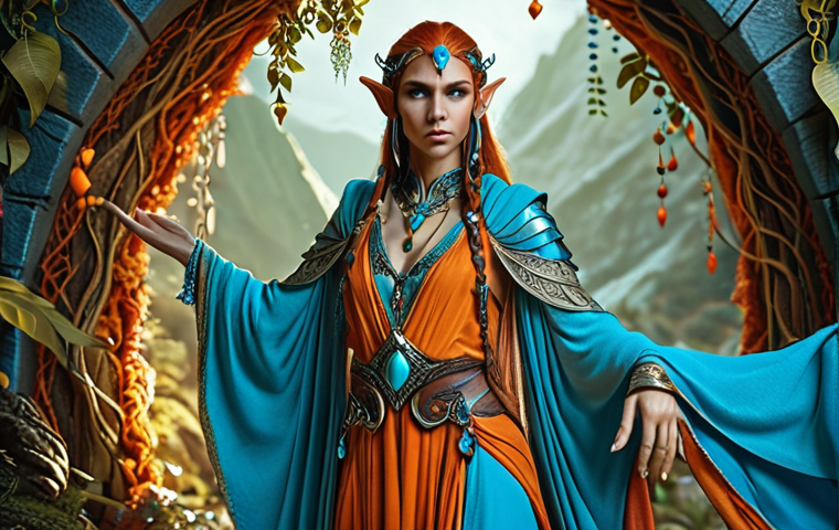 ** Fantasy elf character, inspired by nature, with flowing robes and intricate jewelry. Use a complementary color palette with blues and oranges for a striking effect.
**