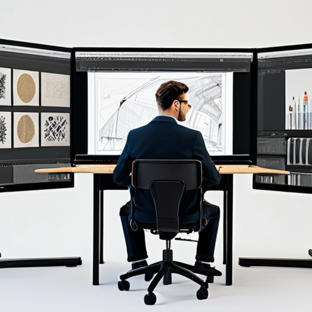 A professional character designer, fully clothed in modest business attire, seated at a modern digital art workstation. They are focused on a large screen displaying a meticulously designed professional character model, alongside traditional art tools like a sketchbook and pencils on the desk. The character model on screen, a human figure, exhibits subtle expressive features, perfect anatomy, and correct proportions. The studio environment is clean, bright, and modern, representing a blend of artistic vision and technical skill. High-quality professional photography, ultra-detailed, sharp focus, safe for work, appropriate content, fully clothed, professional, family-friendly, natural pose, well-formed hands, proper finger count, natural body proportions.