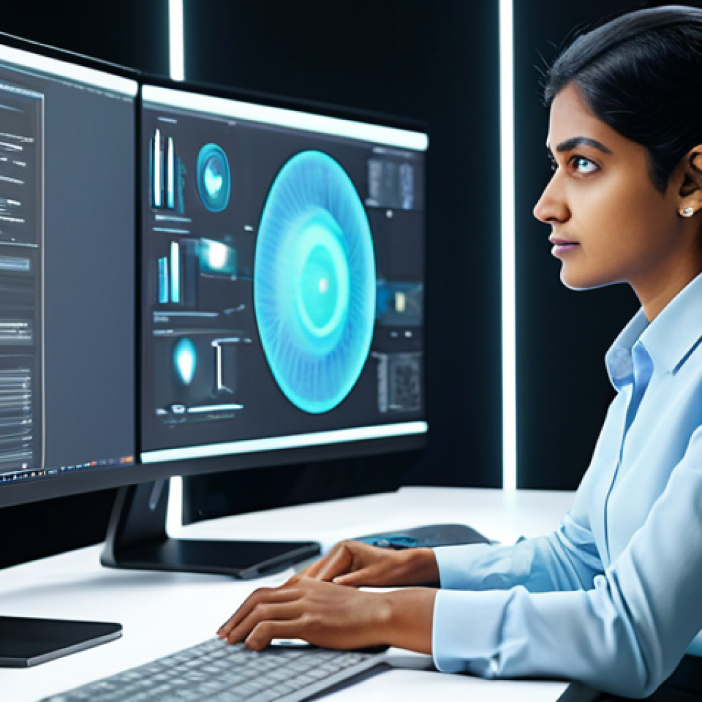 A professional Indian female character designer, an adult, dressed in a modest business casual outfit, sitting at a sleek modern desk in a well-lit digital design studio. She is focused on a large holographic display, interacting with AI-assisted design software showing abstract character concepts. The background features subtle tech elements and a clean, organized workspace. Her expression is thoughtful and innovative. Perfect anatomy, correct proportions, natural pose, well-formed hands, proper finger count, natural body proportions. Fully clothed, appropriate attire, professional dress, safe for work, appropriate content, family-friendly, high quality, professional photography, cinematic lighting.