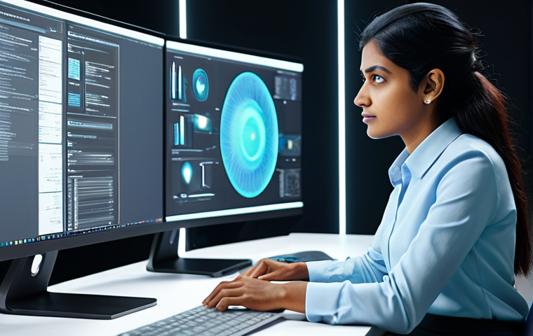 A professional Indian female character designer, an adult, dressed in a modest business casual outfit, sitting at a sleek modern desk in a well-lit digital design studio. She is focused on a large holographic display, interacting with AI-assisted design software showing abstract character concepts. The background features subtle tech elements and a clean, organized workspace. Her expression is thoughtful and innovative. Perfect anatomy, correct proportions, natural pose, well-formed hands, proper finger count, natural body proportions. Fully clothed, appropriate attire, professional dress, safe for work, appropriate content, family-friendly, high quality, professional photography, cinematic lighting.