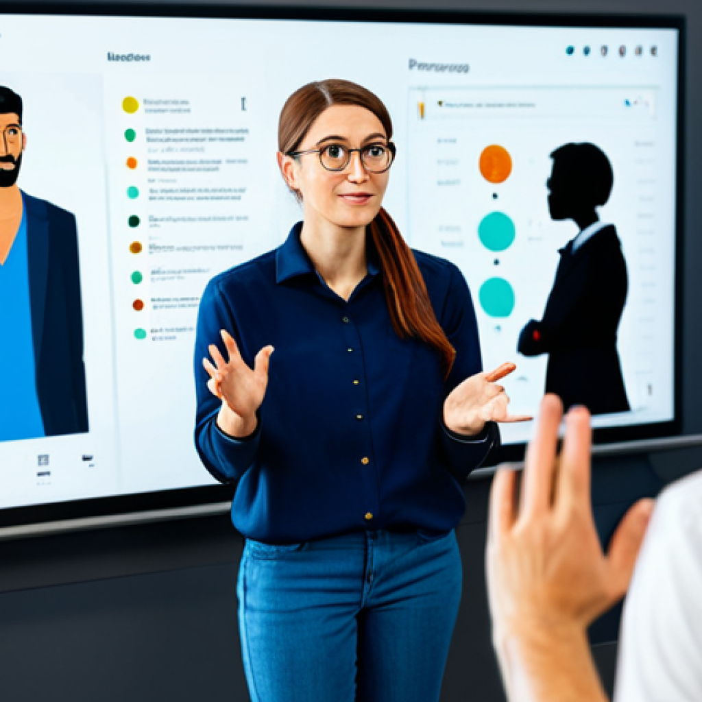 A professional character designer, fully clothed in a modest business casual outfit, passionately presenting their vibrant character designs on a large digital screen to a small team in a modern, well-lit studio. The designer is gesturing expressively, sharing the inspiration and backstory behind their creations, fostering an emotional connection. The team members are attentively listening and engaging. The scene is captured in a natural pose, with perfect anatomy, correct proportions, well-formed hands, and proper finger count. Professional photography, high quality, safe for work, appropriate content, family-friendly.