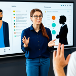 A professional character designer, fully clothed in a modest business casual outfit, passionately presenting their vibrant character designs on a large digital screen to a small team in a modern, well-lit studio. The designer is gesturing expressively, sharing the inspiration and backstory behind their creations, fostering an emotional connection. The team members are attentively listening and engaging. The scene is captured in a natural pose, with perfect anatomy, correct proportions, well-formed hands, and proper finger count. Professional photography, high quality, safe for work, appropriate content, family-friendly.