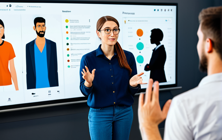 A professional character designer, fully clothed in a modest business casual outfit, passionately presenting their vibrant character designs on a large digital screen to a small team in a modern, well-lit studio. The designer is gesturing expressively, sharing the inspiration and backstory behind their creations, fostering an emotional connection. The team members are attentively listening and engaging. The scene is captured in a natural pose, with perfect anatomy, correct proportions, well-formed hands, and proper finger count. Professional photography, high quality, safe for work, appropriate content, family-friendly.