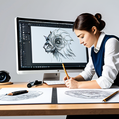 A professional character designer in modest, smart casual clothing, deeply engrossed in their work at a clean, well-lit modern design studio desk. One hand holds a pencil sketching on paper, while the other interacts with a large digital screen displaying a detailed 3D character model. The desk is adorned with traditional drawing tools, a graphic tablet, and multiple screens, symbolizing the blend of old and new methods. The atmosphere is focused and innovative. Professional photography, high quality, studio lighting, perfect anatomy, correct proportions, natural pose, well-formed hands, proper finger count, natural body proportions, safe for work, appropriate content, fully clothed, appropriate attire, professional.