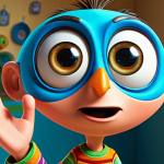 **Cartoon Character:** A whimsical cartoon character with exaggerated features (large eyes, expressive face), fully clothed in colorful, modest clothing. The character is standing in a bright, playful environment. Safe for work, appropriate content, family-friendly, perfect anatomy, correct proportions, well-formed hands, proper finger count, natural pose.