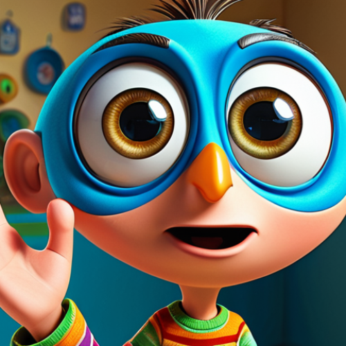 **Cartoon Character:** A whimsical cartoon character with exaggerated features (large eyes, expressive face), fully clothed in colorful, modest clothing. The character is standing in a bright, playful environment. Safe for work, appropriate content, family-friendly, perfect anatomy, correct proportions, well-formed hands, proper finger count, natural pose.