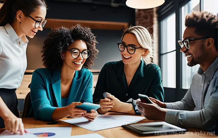 캐릭터디자인 협업 과정에서의 갈등 관리 - **A Diverse Design Team Brainstorming Character Concepts:**
    A vibrant, sunlit modern design stud...