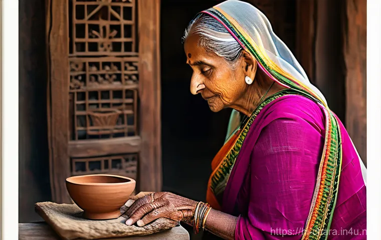 캐릭터디자인 실기 시험 대비를 위한 자료 분석 - **Prompt:** A wise, elderly Indian woman, deeply immersed in ancient folklore, meticulously crafting...