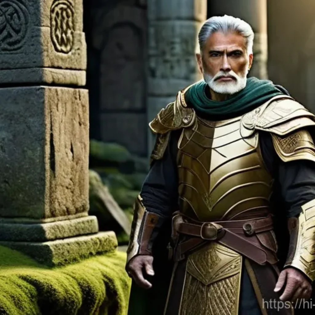 캐릭터디자인 중점 학습 과목 - **Prompt 1: "A wise, elderly male warrior, standing confidently amidst the ancient, moss-covered rui...