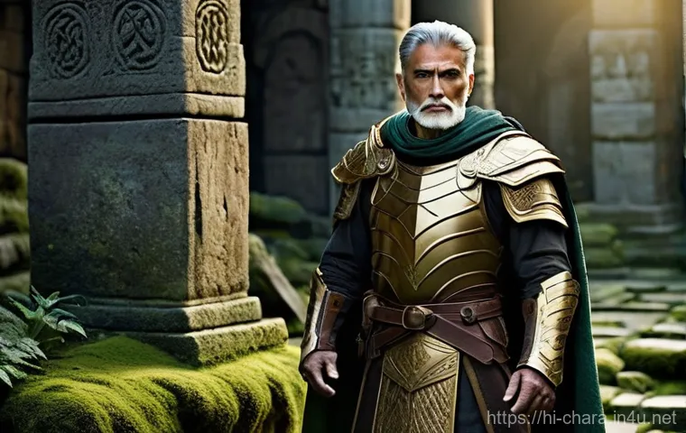 캐릭터디자인 중점 학습 과목 - **Prompt 1: "A wise, elderly male warrior, standing confidently amidst the ancient, moss-covered rui...