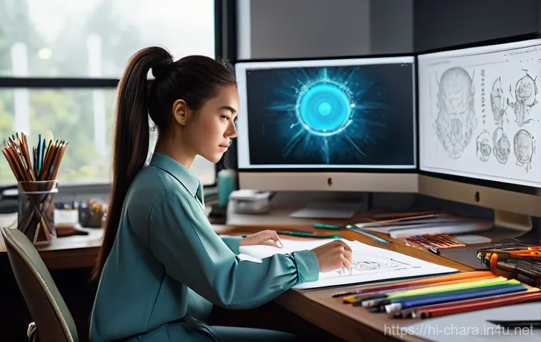 캐릭터디자인 실기 시험 대비 체크리스트 - **Prompt 1: Focused Character Designer at Work**
    "A young, determined female character designer,...