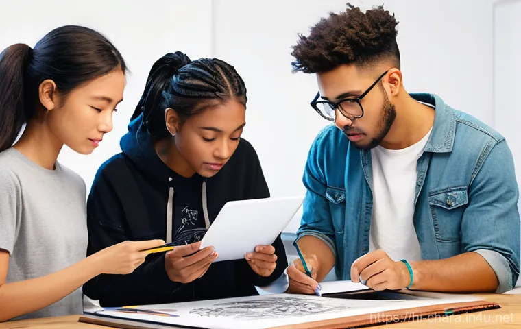 캐릭터디자인 스터디 그룹 활용법 - **Vibrant Character Design Study Group:**
    "A diverse group of 5 young adult artists, both male a...