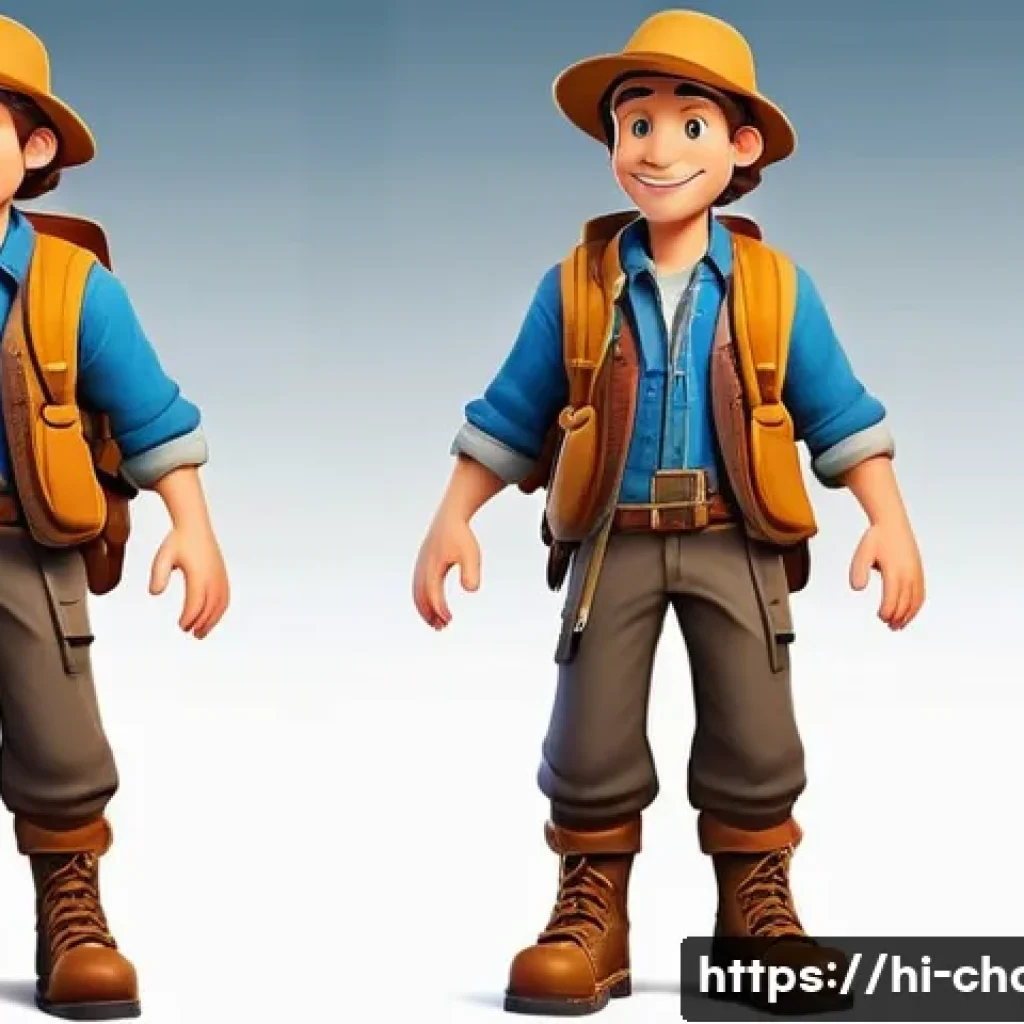 캐릭터디자인 자격증 학습 계획 작성법 - **Character A:** A friendly, stylized 2D cartoon character, a male adventurer with a large backpack,...