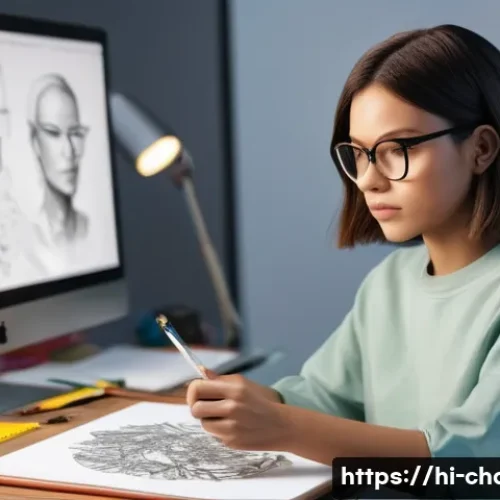 캐릭터디자인 자격증 필기 시험 준비 자료 - **Prompt:** A focused young female character designer, with a stylish bob haircut and glasses, sketc...