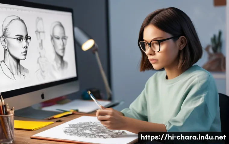 캐릭터디자인 자격증 필기 시험 준비 자료 - **Prompt:** A focused young female character designer, with a stylish bob haircut and glasses, sketc...