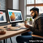 캐릭터디자이너로서의 글로벌 커리어 전략 - A professional Indian character designer working on a digital tablet in a modern, cozy studio filled...