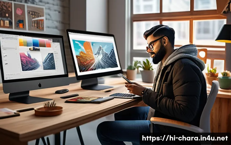 캐릭터디자이너로서의 글로벌 커리어 전략 - A professional Indian character designer working on a digital tablet in a modern, cozy studio filled...