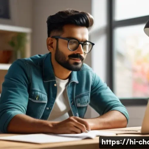 캐릭터디자이너로서 직무 스트레스 극복법 - A thoughtful Indian male character designer sitting at a modern wooden desk in a cozy home studio, s...