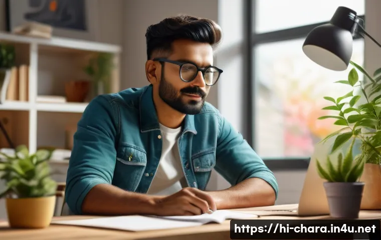 캐릭터디자이너로서 직무 스트레스 극복법 - A thoughtful Indian male character designer sitting at a modern wooden desk in a cozy home studio, s...