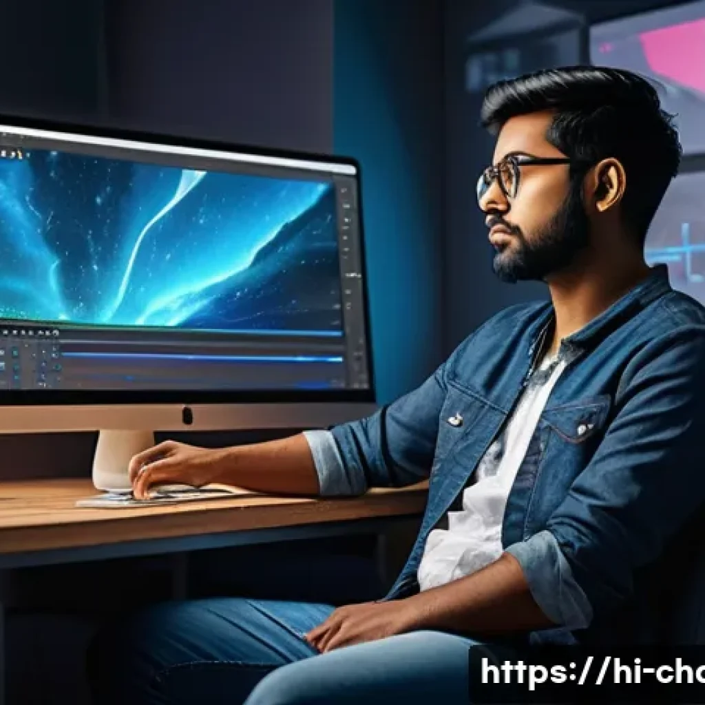 캐릭터디자인 분야에서 커리어 피벗 사례 - A confident young Indian character designer sitting at a modern digital workspace, surrounded by mul...