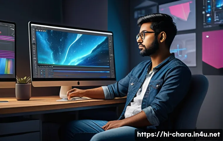 캐릭터디자인 분야에서 커리어 피벗 사례 - A confident young Indian character designer sitting at a modern digital workspace, surrounded by mul...