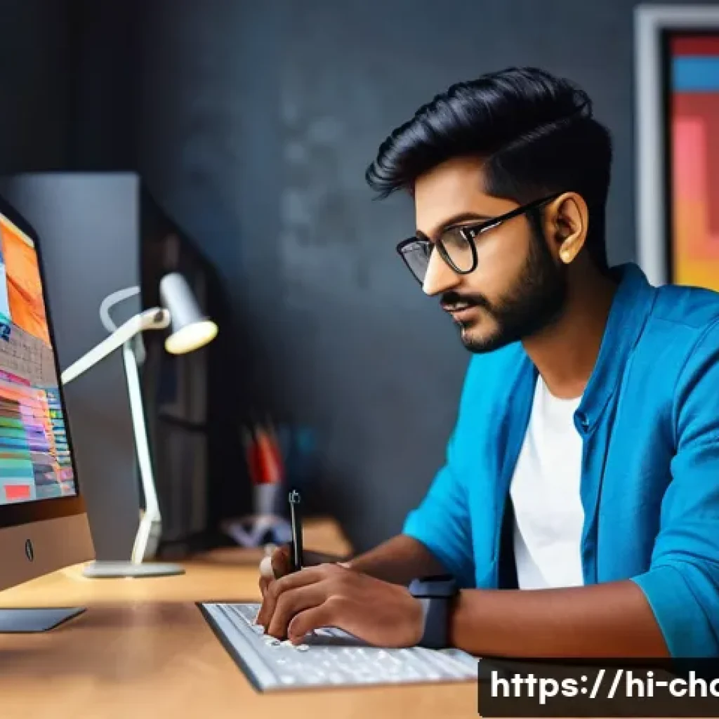 캐릭터디자인 업계 리더로 성장하는 비결 - A creative digital artist workspace showcasing a young Indian man in casual attire working intensely...
