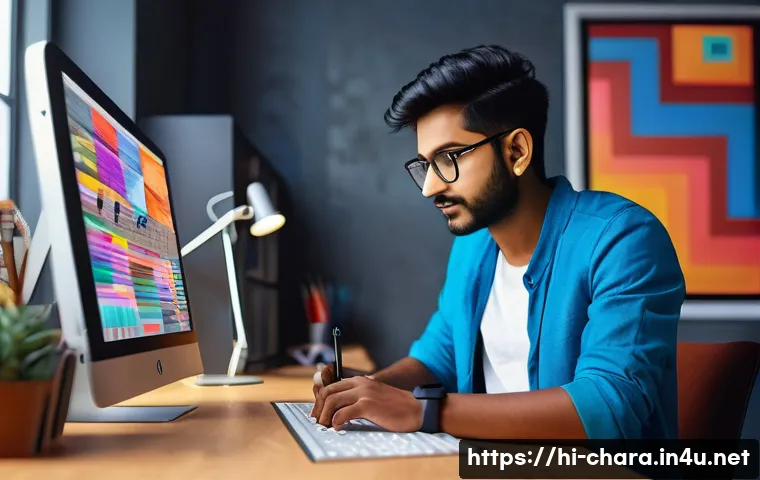 캐릭터디자인 업계 리더로 성장하는 비결 - A creative digital artist workspace showcasing a young Indian man in casual attire working intensely...