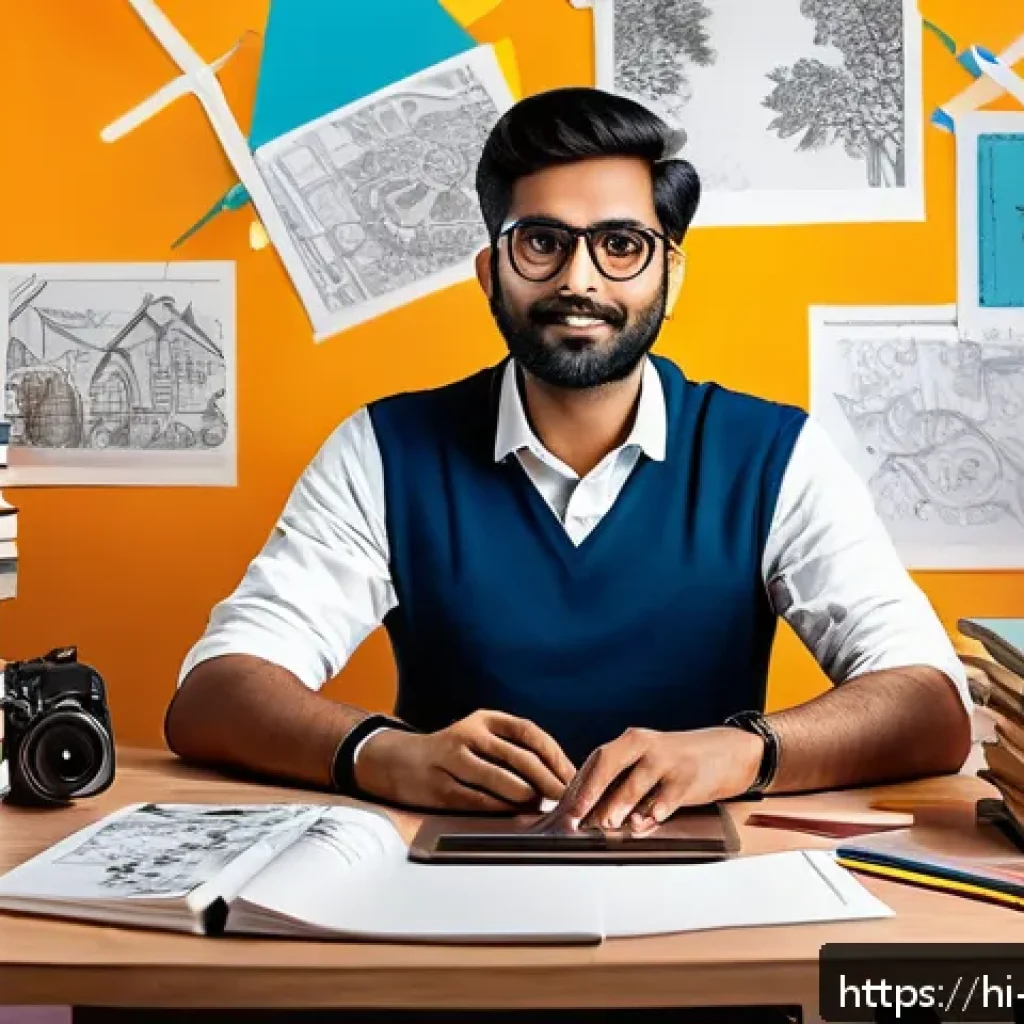 캐릭터디자인 자격증 학습에서 필요한 자료 정리 - A focused Indian character designer, wearing casual modern clothing and glasses, sitting at a clutte...