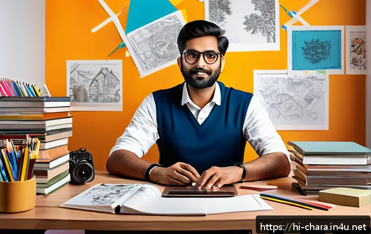 캐릭터디자인 자격증 학습에서 필요한 자료 정리 - A focused Indian character designer, wearing casual modern clothing and glasses, sitting at a clutte...