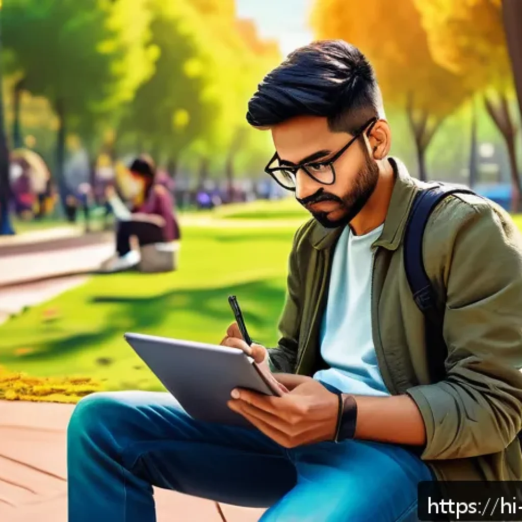캐릭터디자이너로서의 커리어 성장 전략 - A creative Indian character designer sitting outdoors in a vibrant urban park setting, sketching on ...