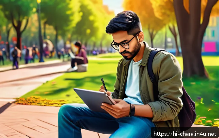 캐릭터디자이너로서의 커리어 성장 전략 - A creative Indian character designer sitting outdoors in a vibrant urban park setting, sketching on ...