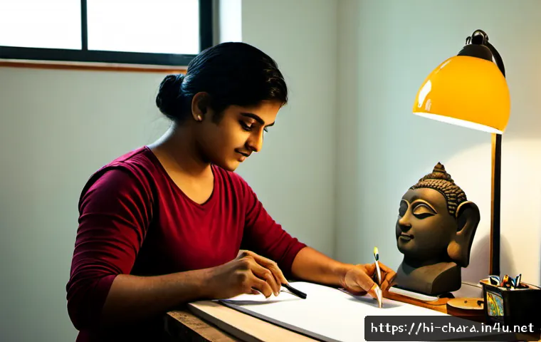 캐릭터디자인 실무에서 요구되는 스킬 - Photorealistic editorial scene of a South Asian character designer in a modern creative studio, care...