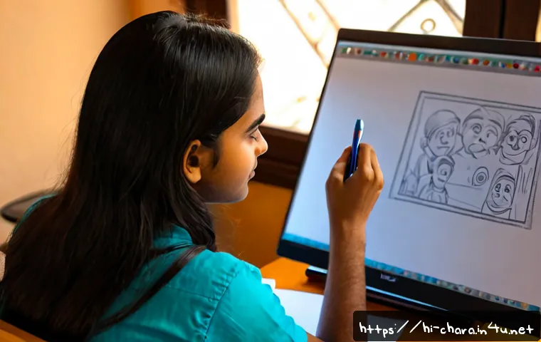 Home 17 캐릭터디자인과 2D 애니메이션 제작기법 - Photorealistic over-the-shoulder view of a young Indian character design student at a clean animatio...