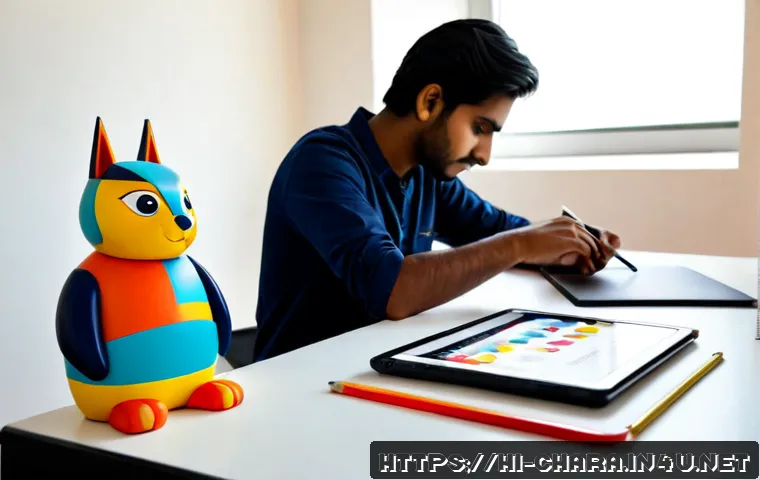 Home 17 캐릭터디자인과 그래픽디자인의 융합 사례 - Photorealistic creative studio scene, a young Indian character designer arranging a handcrafted masc...